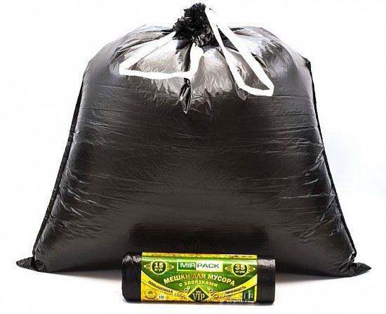 Пакеты для мусора 35 литров с завязками, 18 мкм, ПНД, в рулоне 15 штук, черные, 50х60 см - Вид 2