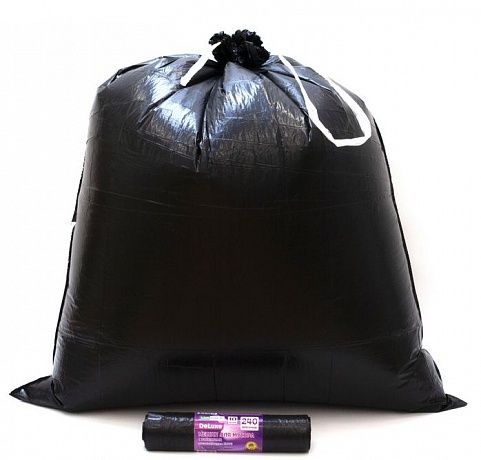 Мешки для мусора с завязками 240 литров, 110*115 см, 10 штук, ролик, ПCД, 3-х слойные черные 35 мкм для тяжелого и острого мусора прямое дно + ленты для затягивания - Вид 2